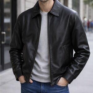 Arrow Men's Black Leather Bomber Jacket-sz L